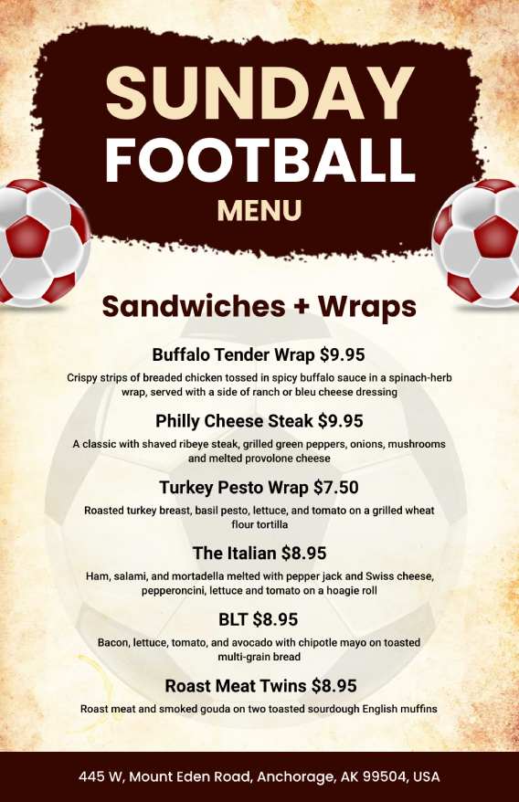 sunday football menu template with address details