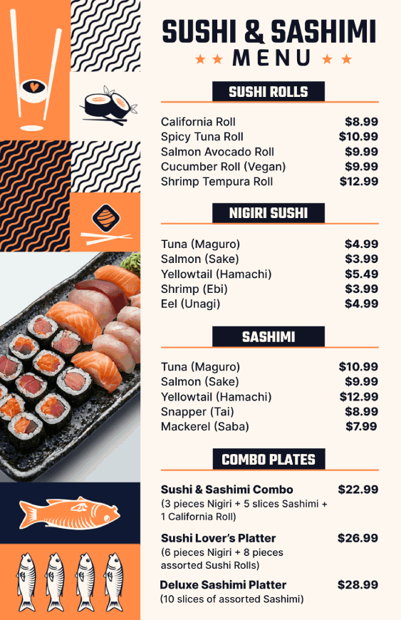sushi and sashimi menu design template with sushi and fish illustration