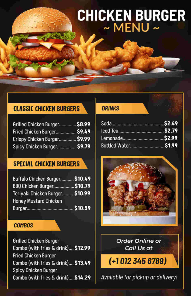 bold chicken burger menu design template with special elements