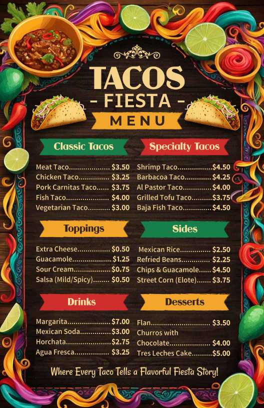 colorful fiesta taco menu template with mexican design elements