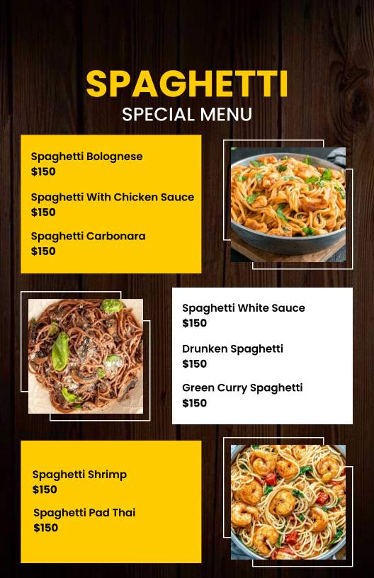 fusion spaghetti menu design template with a stylish woodgrain background