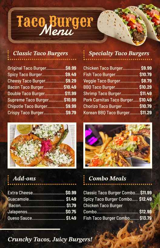 vibrant taco burger menu design template with a clean and minimalist aesthetic
