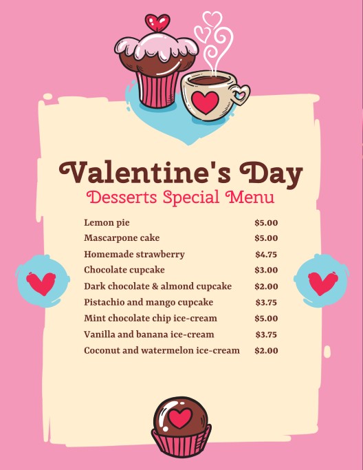 pink delight valentine's menu design template with hand-drawn dessert illustrations