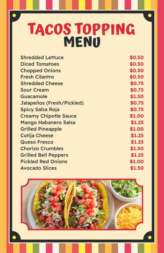 colorful taco menu design template with vibrant colors and bold graphics