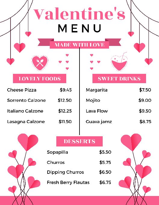 simple valentine's menu design template with modern typography