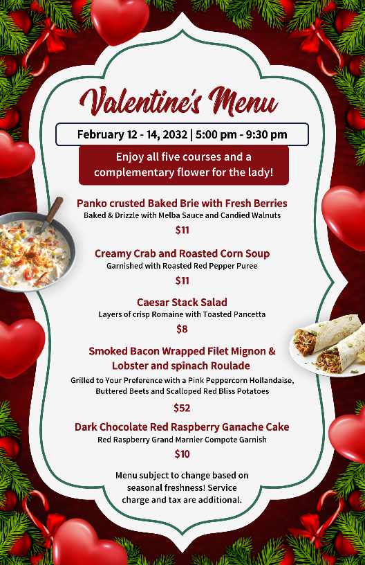 classic valentine's day menu design template with a vintage-inspired design