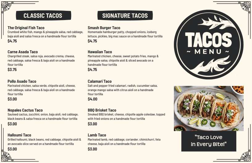 rustic taco menu design template with warm colors and earthy tones