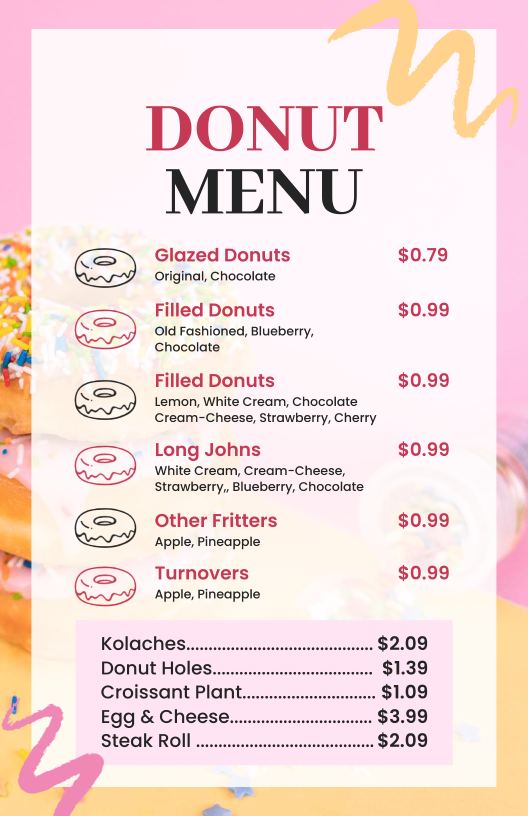whimsical donut menu design template with sweet doodle elements