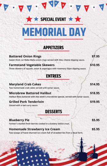 beige event special memorial day menu design template