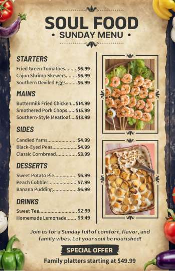 beige vintage soul food menu design template