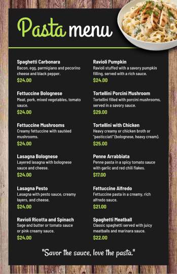 black wooden pasta menu design template
