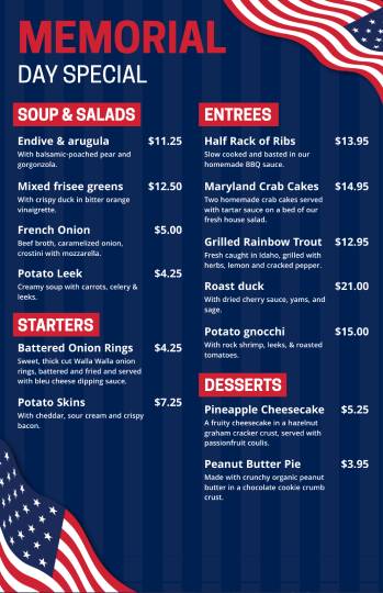 blue patriotic memorial day menu design template