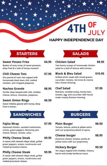 blue & white 4th of july menu design template