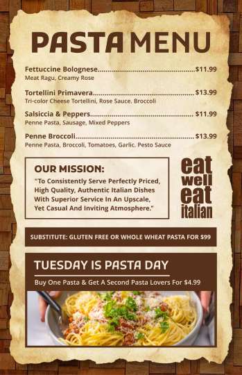 brown wood pasta menu design template