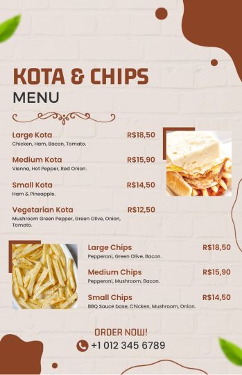 chic decent kota & chips menu design template