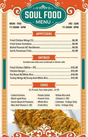 chic retro soul food menu design template