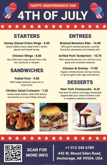 blue and red 4th of july menu design template