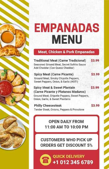 Green and White Empanadas Menu Template 