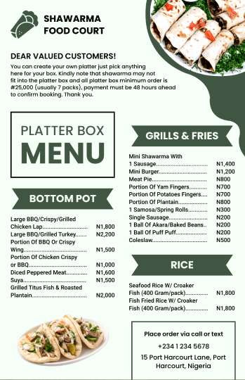 green & white food court shawarma menu design template