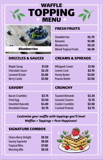 light purple waffle toppings menu design template