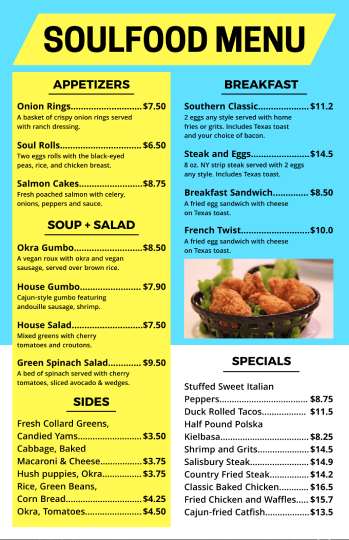 neon blue vibrant soul food menu design template