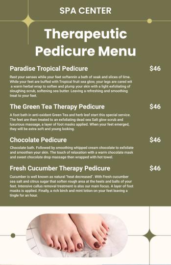 olive green elegant pedicure menu design template