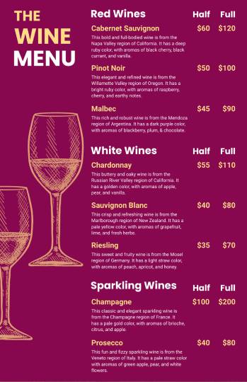 pink decent wine beverage menu design template