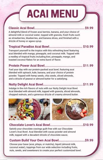 pink modern acai bowl menu design template