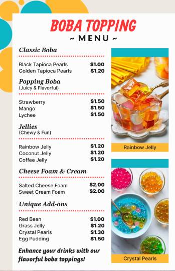playful boba toppings menu design template