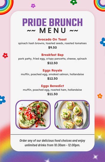 Colorful and Stylish Pride Brunch Menu Template