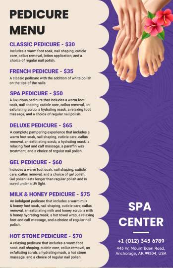 purple luxurious pedicure menu design template