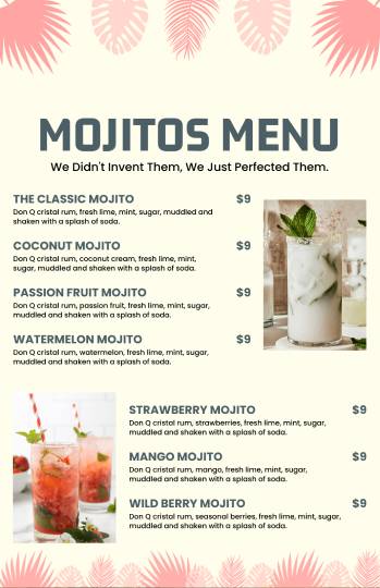 splashy minimal mojito beverage menu design template
