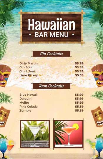 Tropical Hawaiian Bar Menu Template 