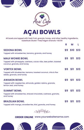 white & blue sleek acai bowl menu design template
