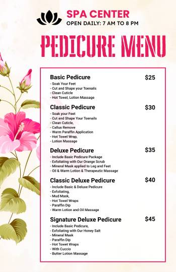 white flowery pedicure menu design template