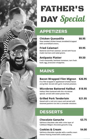 white & green father's day menu design template