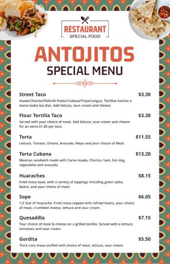 white minimalist antojitos menu design template