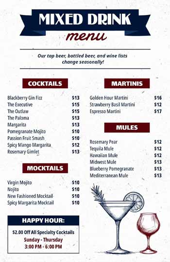 Mixed drinks menu template