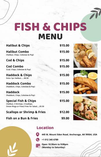 simple leafy fish & chips menu design template