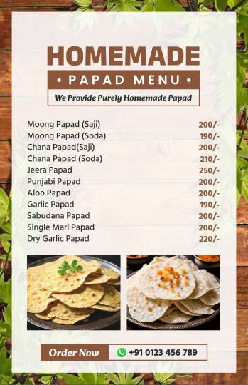 white wooden homemade papad menu design template