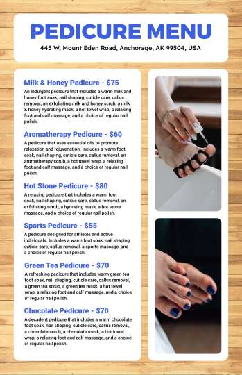 white wooden pedicure menu design template