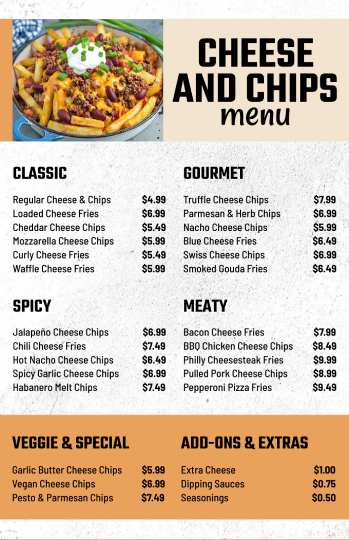 yellow & white cheese chips menu design template