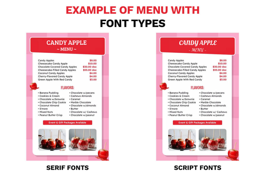 Example of the menu with different font types