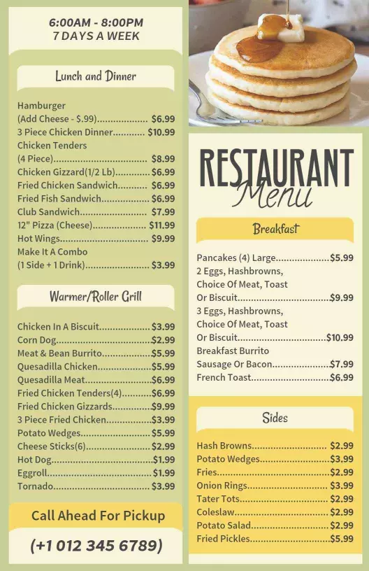 hearty breakfast-lunch and dinner special restaurant menu-template