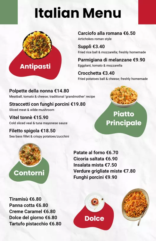 A la carte paper italian menu template