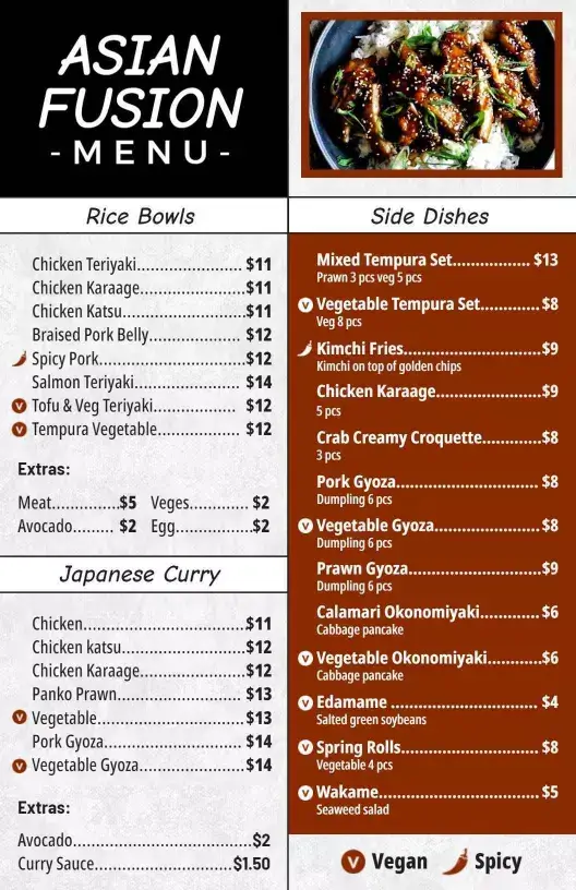 Asian Fusion Cuisine Menu