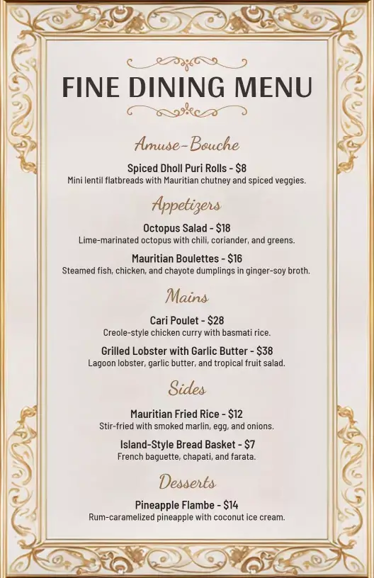 Fine Dining Restaurant Menu