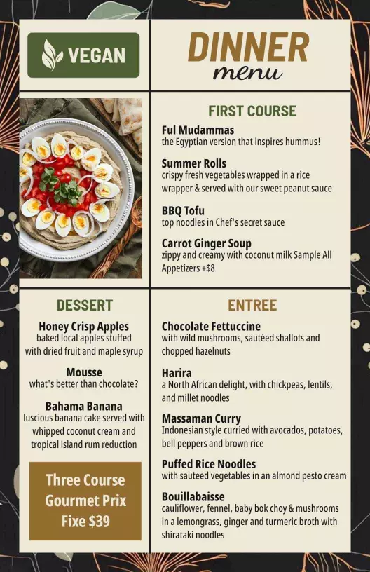 gourmet vegan dinner menu template