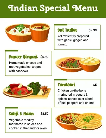 Indian Cuisine Restaurant Menu