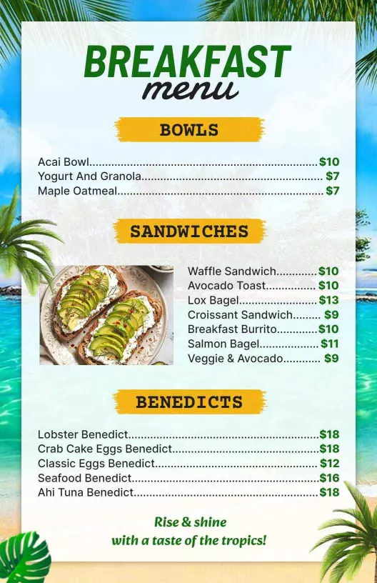 island tropical breakfast and sandwich specialty menu template
